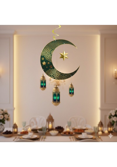 Ramazan Ay Yıldız Kandil Tavan Süs Sarkıt 90x30 Cm Yeşil Dekor