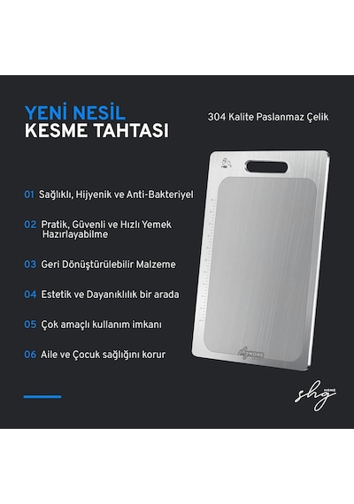 Özel Tasarımlı 304 Paslanmaz Çelik Kesme Tahtası 3lü Set Saklama Kılıfı, Kesme Tahtası Ve Sili Gümüş