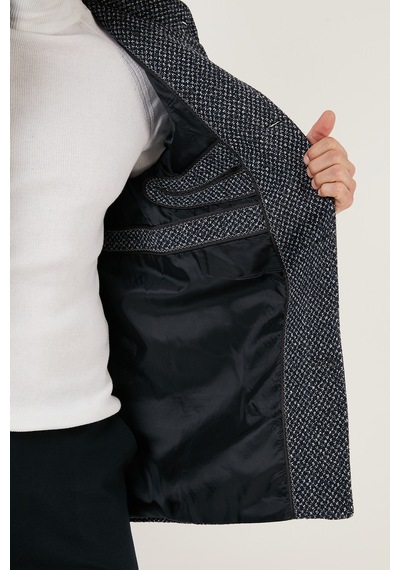 Buratti Düğmeli Dik Yaka Kırçıllı Slim Fit Kaşe Erkek Kaban 5841016 Lacivert Noktalı