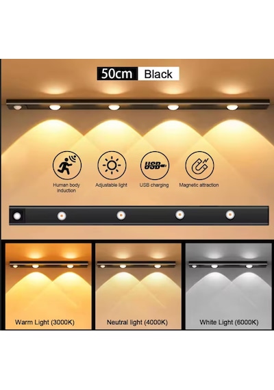 Siyah Renk 4 Led 50 Cm Hareket Sensörlü Led Işık Tezgah Altı Ofis Ev Led Lamba Çok Renkli