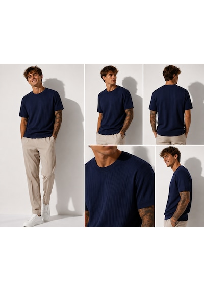 Ribana Erkek Kısa Kollu Fitilli Bisiklet Yaka Esnek T-shirt 26113 Lacivert