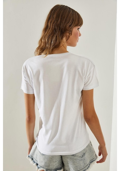 Shade Kadın V Yaka Yaka Kot Kalp Detaylı Taşlı T-shirt 60251412 - Beyaz