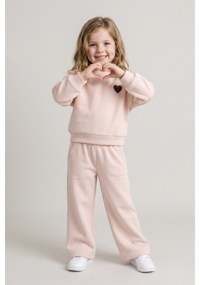Zuzunga Kalp Nakış 3 İplik Fırçalı Kumaş Sweatshirt Eşofman Alt Üst Takım Pembe