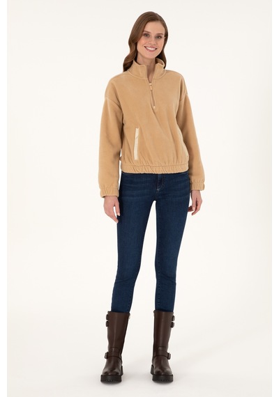 U.S. Polo Assn. Kadın Kum Dik Yaka Fermuarlı Polar Sweatshirt 50297401-VR085