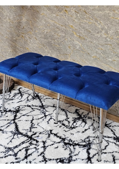Zafir Metal Krom Tel Ayaklı 100 Cm Puf Bench - Puf - Bench - Oturak - Mutfak Oturağı - Antre Oturağı Mavi
