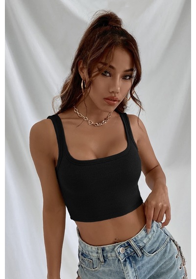 Moda Dua Kadın Siyah Kalın Askılı Crop Top Büstiyer