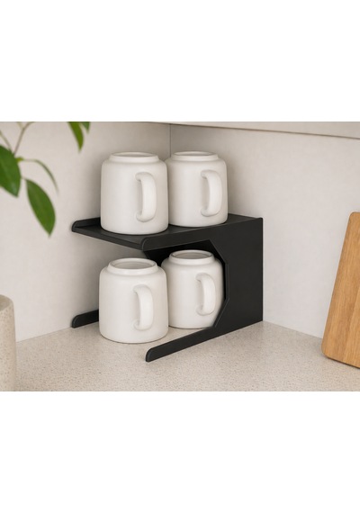 Mutfak Dolap İçi Kupa Organizer Rafı 2 Katlı Bardak Düzenleyici Stand 12x21x13 Cm Siyah