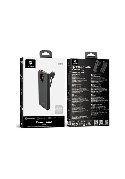 Lenyes P851l Dijital Led Gösterge Type-c Ve Lightning Kablolu Powerbank Uyumlu 22.5w 10000mah Siyah