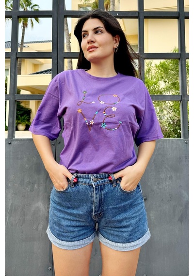 Mor Renk Love Baskı Nakış Desenli Unisex Oversize T-shirt Mor