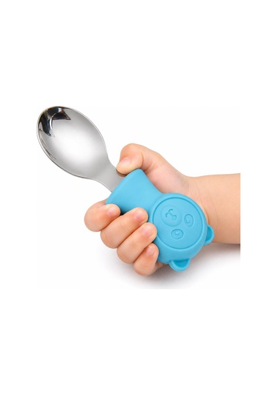Valkyrie 304 Çelik Panda Bebek Kaşık Çatal Setisilikon Saplı Bpa İçermez Ergonomik Kaymaz Mavi