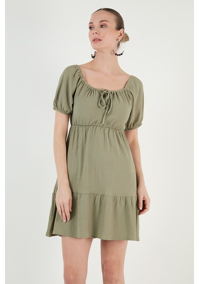 Lela Önü Büzgülü Balon Kollu Mini Bayan Elbise 5869005 Olive