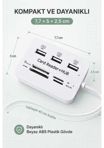 Usb 2.0 Çoklayıcı Hub 3 Port 4 Slot Kart Okuyucu Sd Micro Sd Mmc Ms 480 Mbps Tak Çalıştır Beyaz Abs