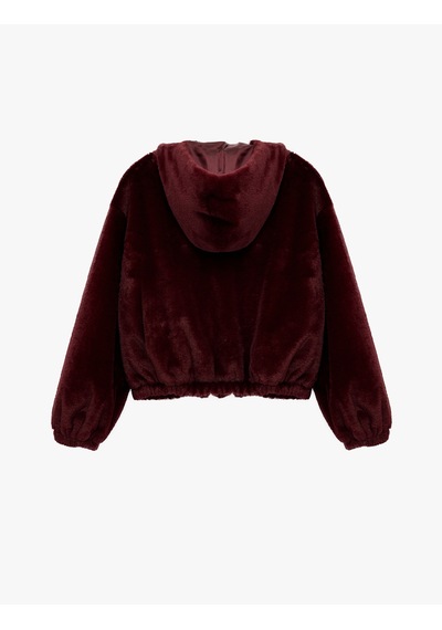 Koton Uzun Kollu Kapüşonlu Fermuarlı Suni Kürk Crop Ceket Bordo 6wal20009ıw Bordo