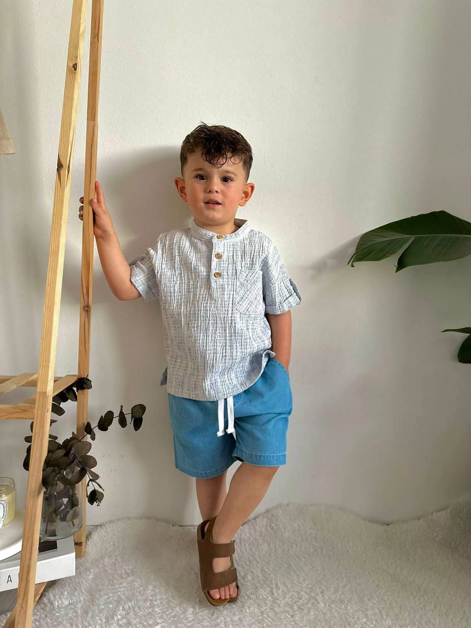 Cg Kids Hakim Yaka Gömlek Fitilli Alt Mavi Jean Kumaş Kot Şort Be Lacivert - Gri