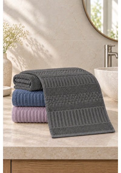 Çizgi Dokulu El Yüz Havlusu 50x90 Cm 3 Lü Set - Deep Lavender Çok Renkli