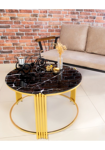 Lioon Art Piano Siyah Mermer Desen Cam Gold Orta Sehpa
