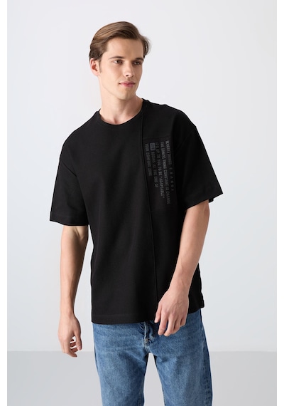 Tommy Life Siyah Pamuklu Kalın Yüzeyi Dokulu Oversize Fit Baskılı Erkek T-shirt - 88338 001
