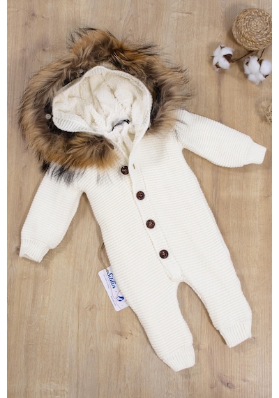 Sitilin Kız Erkek Bebek Triko Kışlık Krem Kürklü Tulum Mont Kapşonlu Stl6871