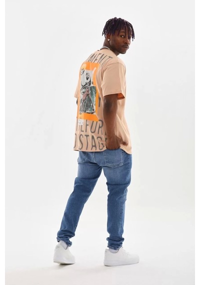 Unisex Baskılı Oversize T-shirt - Bej Bej