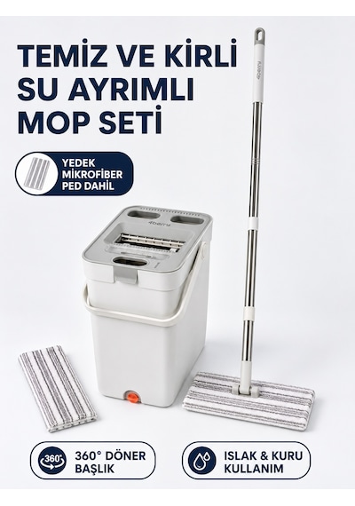 Temiz Ve Kirli Su Ayrımlı Mikrofiber Tablet Mop Ve Kovalı Temizlik Seti 360 Döner Başlık, 2 Yıkanabilir Bez
