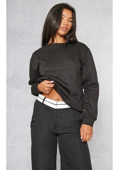 Düz Basic Sweatshirt - Siyah Uzun Kol Oversize Bisiklet Yaka Siyah