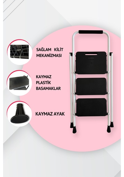 Portalife 3 Basamaklı Uzun Tutacaklı Şık Çelik Merdiven - Beyaz 3 Basamak