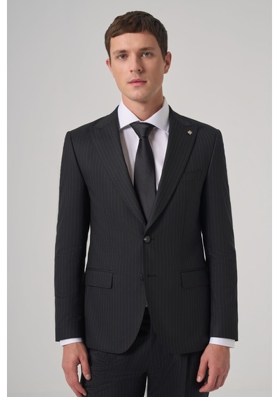 Morven Erkek Siyah Yünlü Trend Çizgili Slim Fit Sivri Yaka Takım Elbise 26mc001042001 Siyah