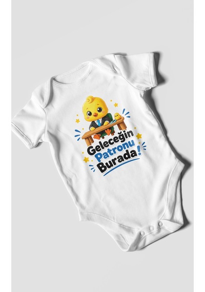 Morivokids Geleceğin Patronu Burada Kısa Kollu Bebek Body %100 Pamuk Beyaz