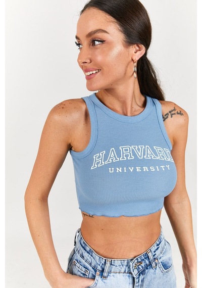 Armonika Kadın Indigo Bisiklet Yaka Yazılı Crop Bluz Arm-22y123018