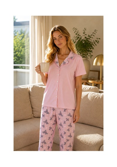 Rindahomewear Kadın Milan Düğmeli Pijama Takımı Pembe