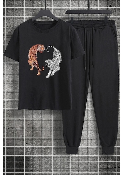 Uyguntarz Unisex Tiger Baskılı 2'li Eşofman Takımı Siyah