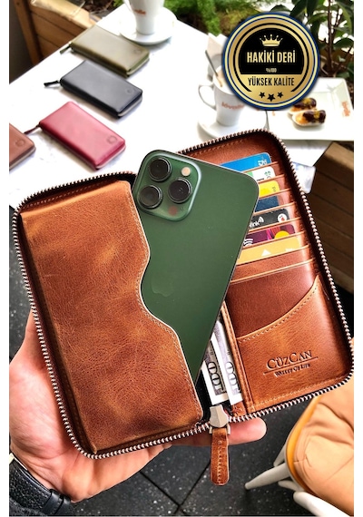 Leo Taba Unisex Hakiki Deri Telefon Bölmeli Cüzdanı Taba