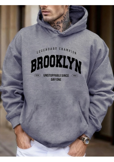Startmore Tarzsokak Brooklyn Unstoppable Since Day One Baskılı Sokak Modası Kapüşonlu Üst Erkek Günlük Polar Tişö Gri