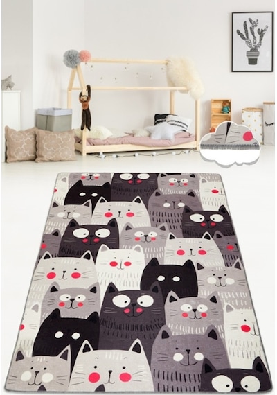 Cats Gri Djt 100X300 Cm Çocuk Ve Bebek Halıları,Yıkanabilir