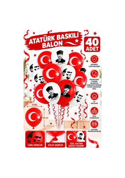 Atatüklü Ve Bayraklı Balon 40 Adet Ata Balon Süsleme 29 Ekim 23 Nisan Kırmızı Beyaz Balon Bayrak Balon Bayram Beyaz - Kırmızı