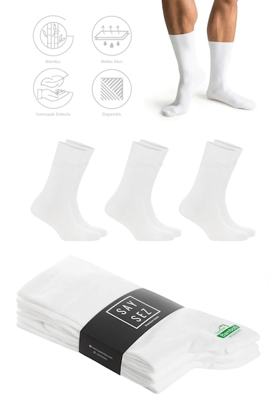 Saysez Bambu Erkek Soket Uzun Beyaz Çorap Dikişsiz Premium Paket 3'lü Beyaz