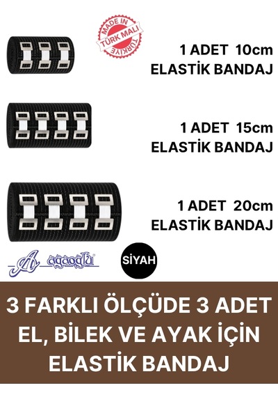 Elastik Bandaj Seti 3 Lü 1x10cm-1x15cm-1x20cm 12 Klipsli 4,5 Metreye Kadar Uzar, Spor Ve Günlük Kullanım Siyah