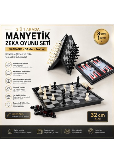 Manyetik Satranç Dama Tavla 3'lü Set 32 Cm Katlanabilir Taşınabilir Zeka Oyunu Eğitici Oyun