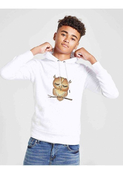 Tshirthane Owl Uykucu Baykuş Baskılı Unisex Çocuk Kapüşonlu Beyaz Sweatshir