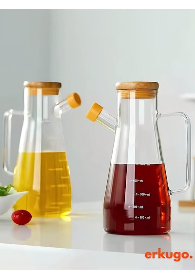 2 Adet Vakumlu Bambu Kapaklı Borosilikat Yağdanlık, Zeytinyağı Sıvıyağ Şişesi, Yağlık 900 Ml Oilpot