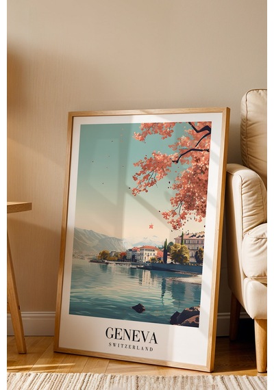 Geneva Switzerland Vintage Seyahat Posteri Çerçeveli Tablo - Premium Leman Gölü Elit Duvar Dekoru Kayın Geneva Switzerland Vintage Seyahat Posteri Çerçeveli Tablo - Premium Leman Gölü Elit Duvar Dekoru Kayın