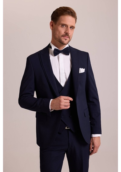 Ysf Erkek Lacivert Slim Fit Likralı Sivri Yaka Yelekli Damatlık