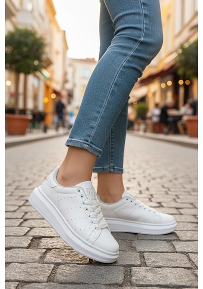 Enoch Kadın Siyah Platform Tabanlı Sneaker Ortopedik Günlük Rahat Spor Ayakkabı Beyaz