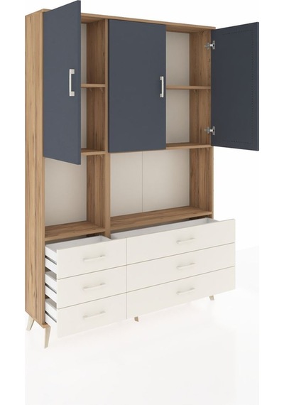 Arges Dolap 6 Raflı 6 Çekmeceli 3 Kapaklı 132x30x195 Çam-antr... Çam