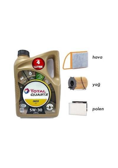 Total Quartz Ineo Ecs 5W-30 Motor Yağı 4 L + Peugeot 301 1.6 Dizel Yağ Bakım Seti 4'lü