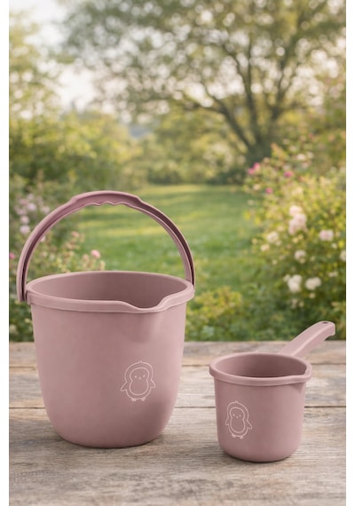 Çocuklar İçin 2'li Banyo Seti Kulplu Kova & Oluklu Maşrapa Set Pembe