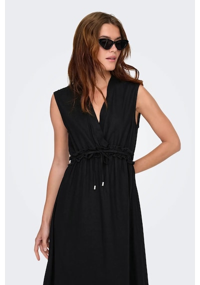 Only Kadın Onlgoa Kruvaze Yaka Beli Lastikli Keten Maxi Elbise 15363694 Siyah
