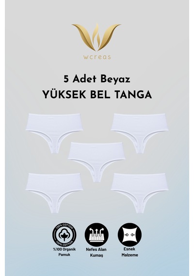 Wcreas Yüksek Bel Kadın Tanga, Pamuklu Yumuşak Kumaş Tanga Külot 5'li Paket Beyaz