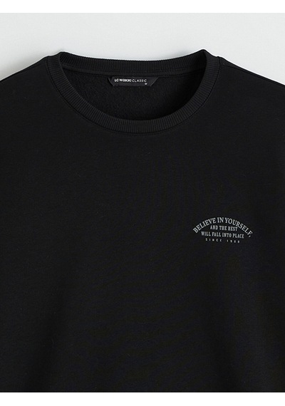 Lcwaıkıkı Classic Siyah Bisiklet Yaka Baskılı Erkek Kalın Sweatshirt