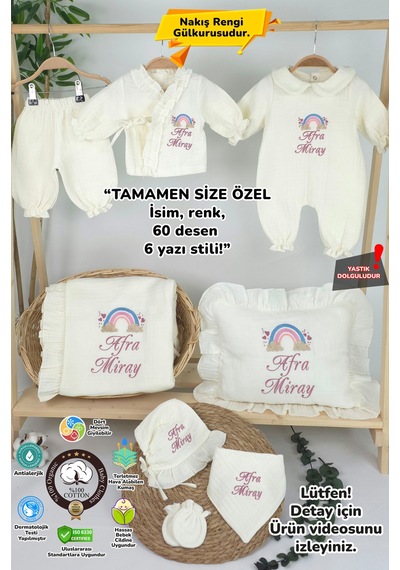Gros Shop Müslin Yeni Doğan 4 Katlı Organik %100pamuk Kişiye Özgü Nakışlı Hastane Çıkış Seti-pudra Gökkuşağı Ekru
